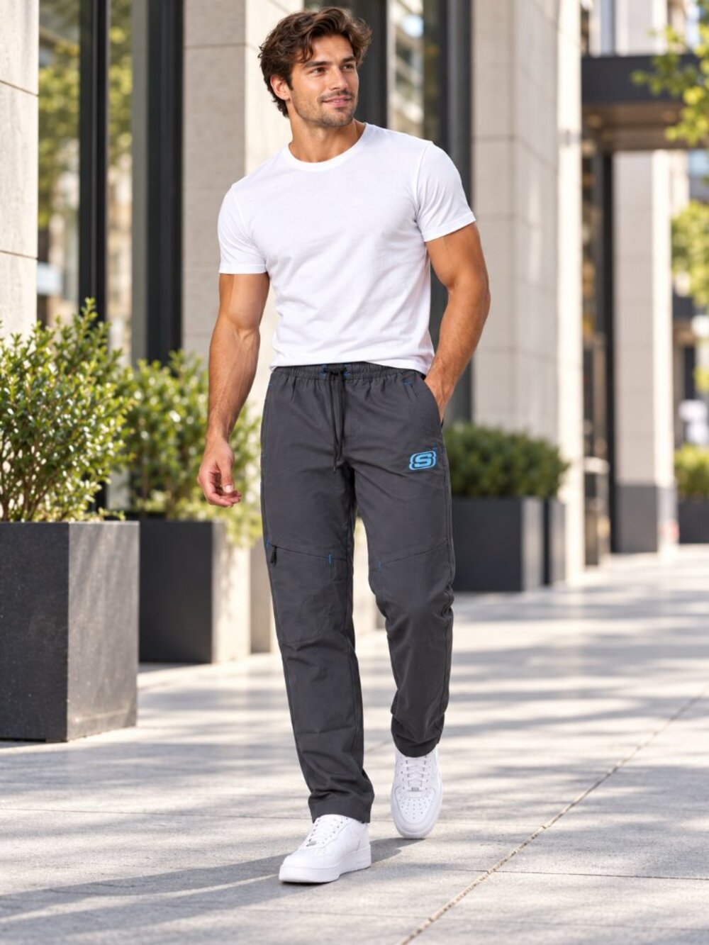 Skechers Men’s Charcoal Grey Tech Joggers Blue Logo Utility Pants